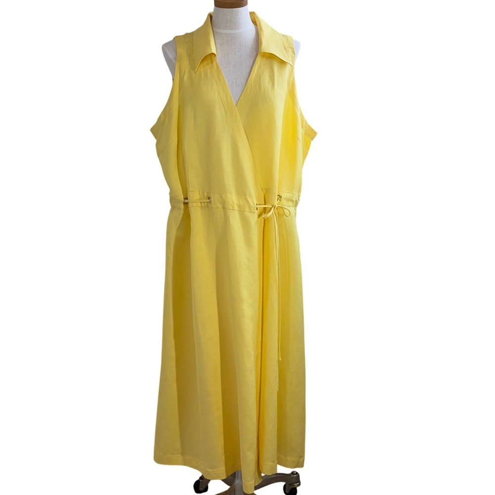 Ashley Stewart Womens Wrap Dress 22W Yellow Linen Blend Sleeveless Midi Sundress